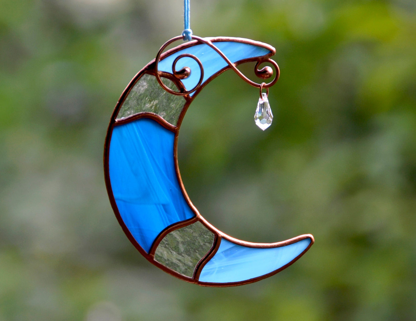 Stained glass blue moon crystal suncatcher, window hangings ornament