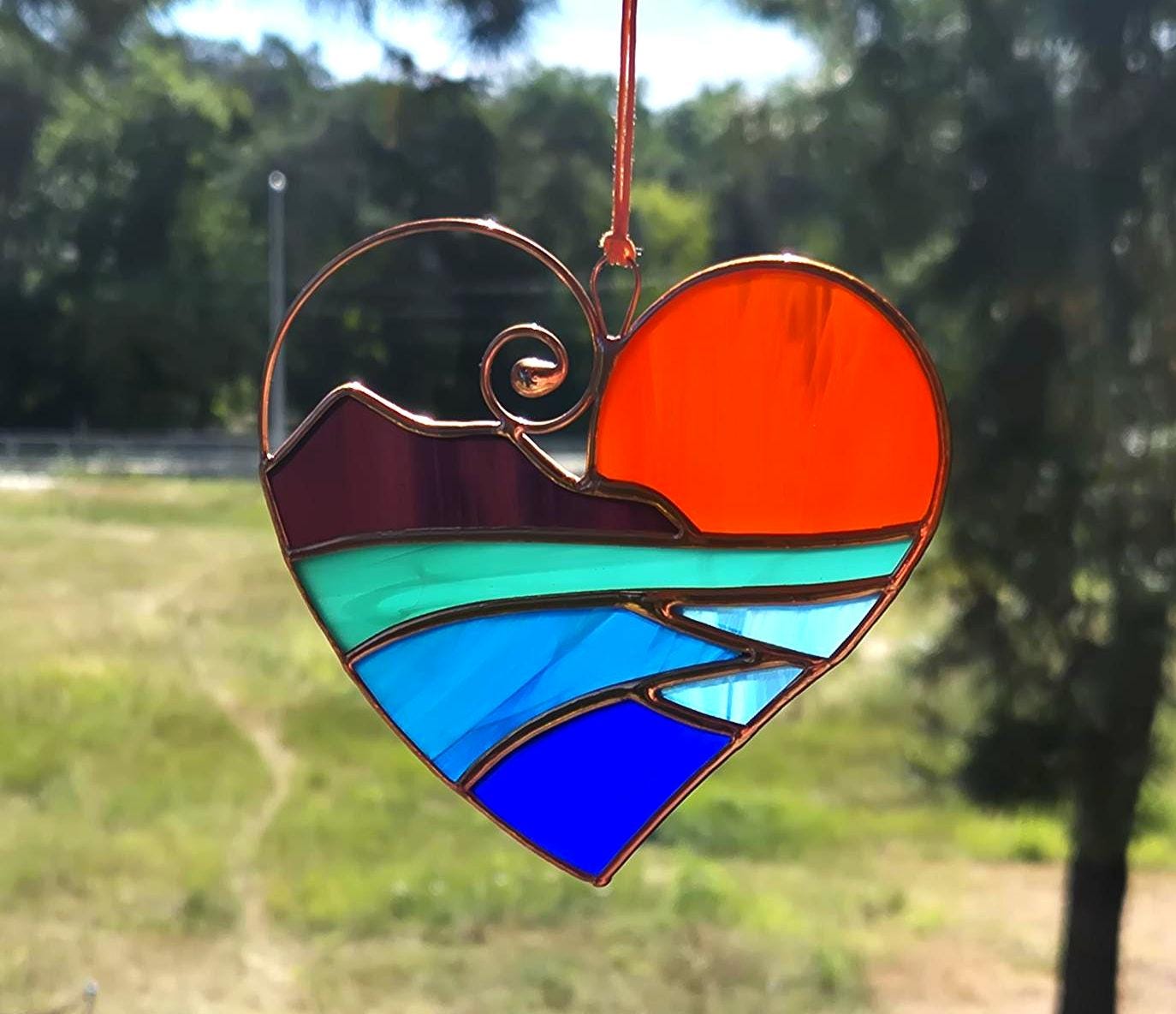 Ocean Sunset Heart Suncatcher – Handmade Stained Glass