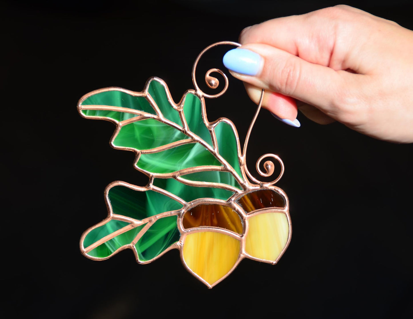 Acorn Stained Glass Suncatcher – Fall Leaves Window Hanging – Autumn Decor – Handmade Glass Ornament