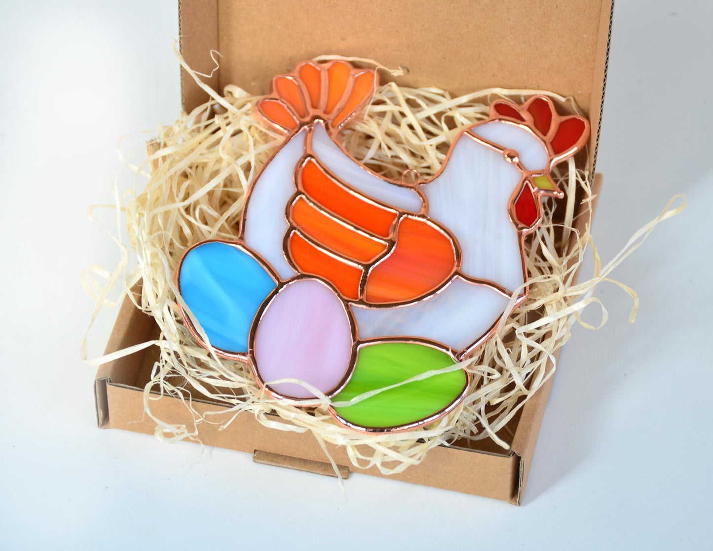 Stained glass chicken with eggs, handmade suncatcher, Easter window hangings