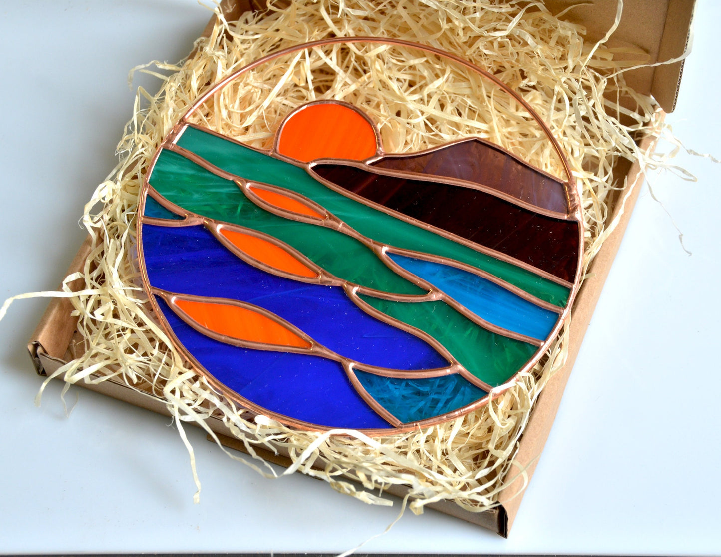 Sunset Sea Stained Glass Suncatcher: Handmade Window Hanging