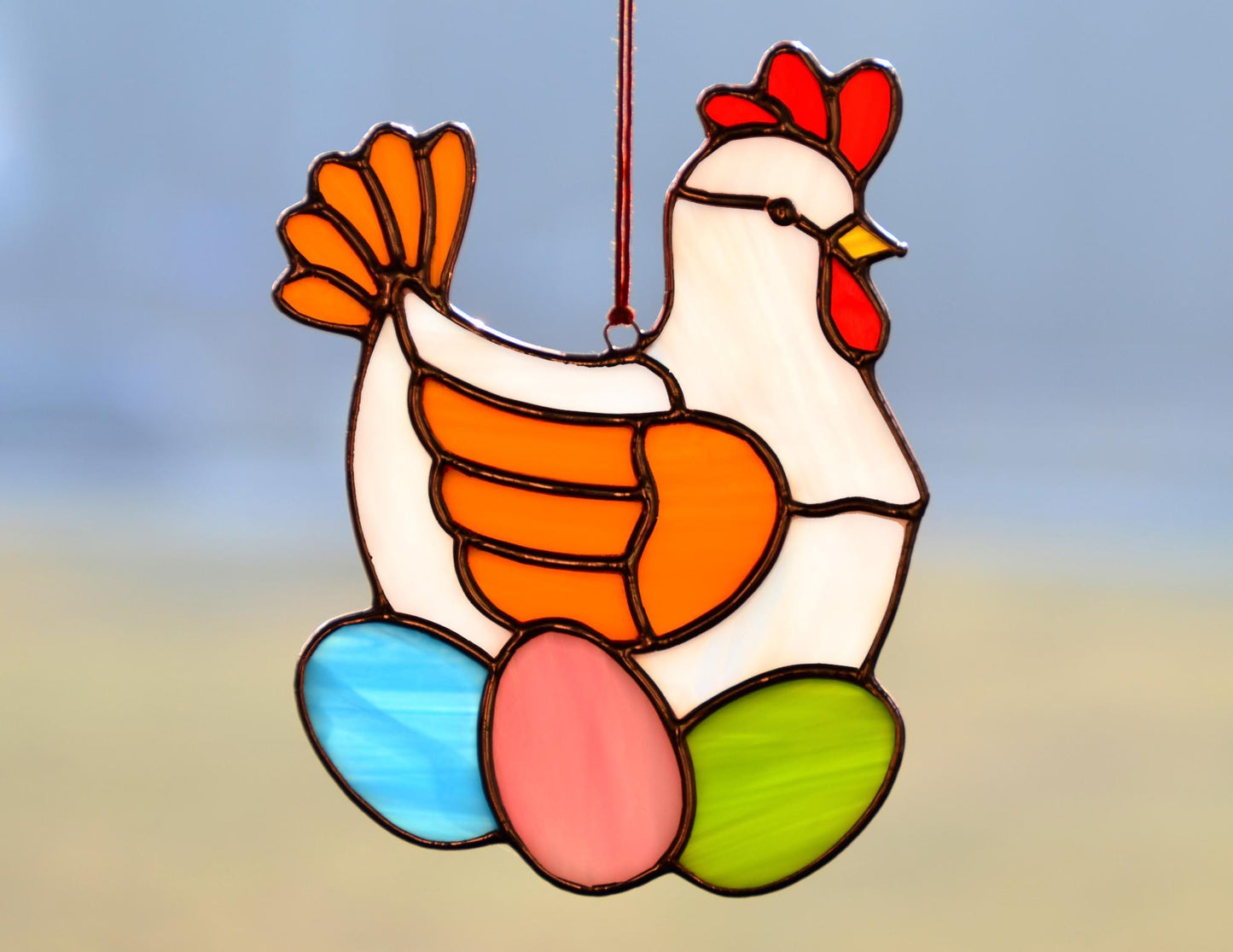 Stained glass chicken with eggs, handmade suncatcher, Easter window hangings