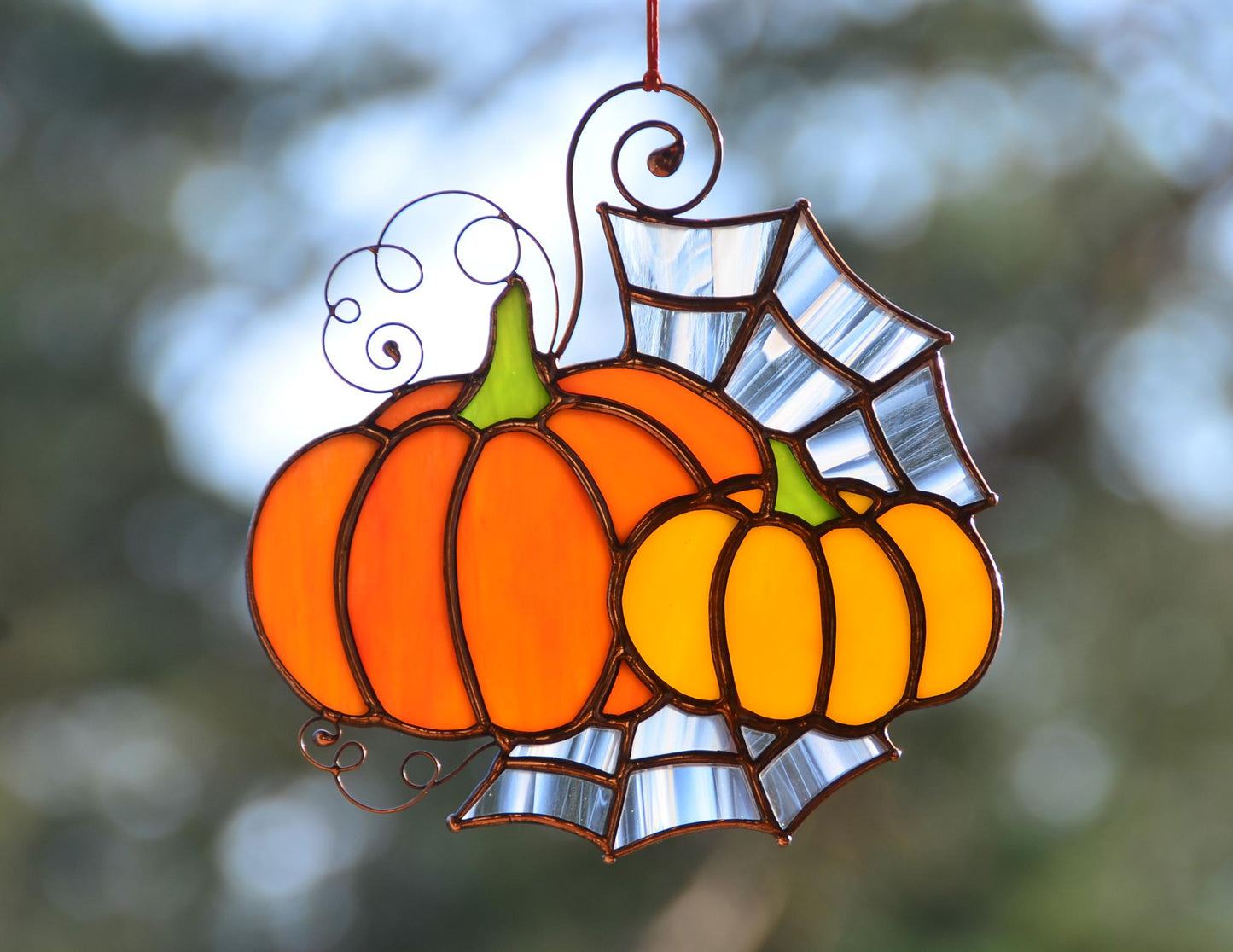 Stained glass pumpkin window hanging, stain glass Halloween suncatcher