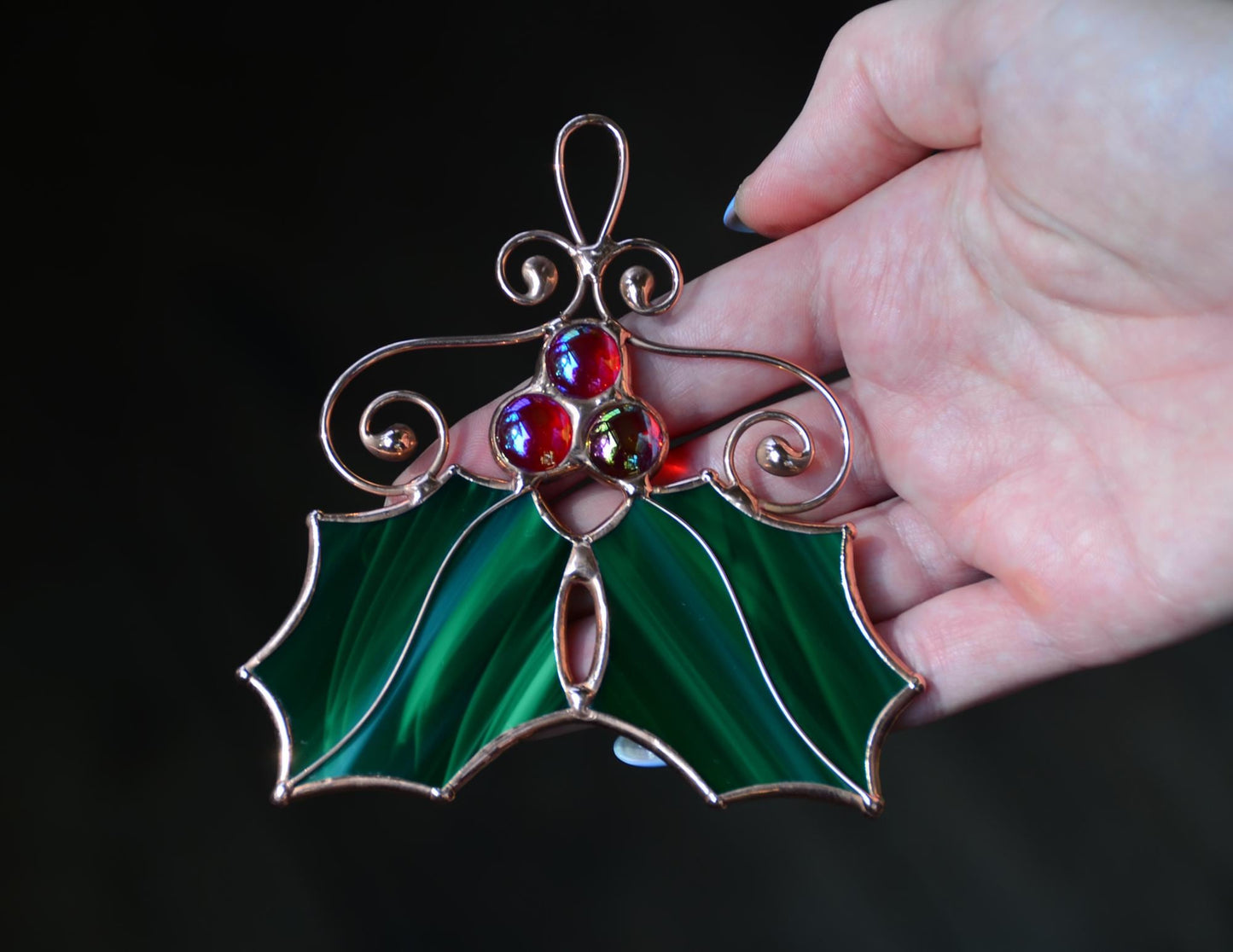Holly leaves Christmas decor, stained glass ornaments, winter holiday suncatcher, Christmas gift