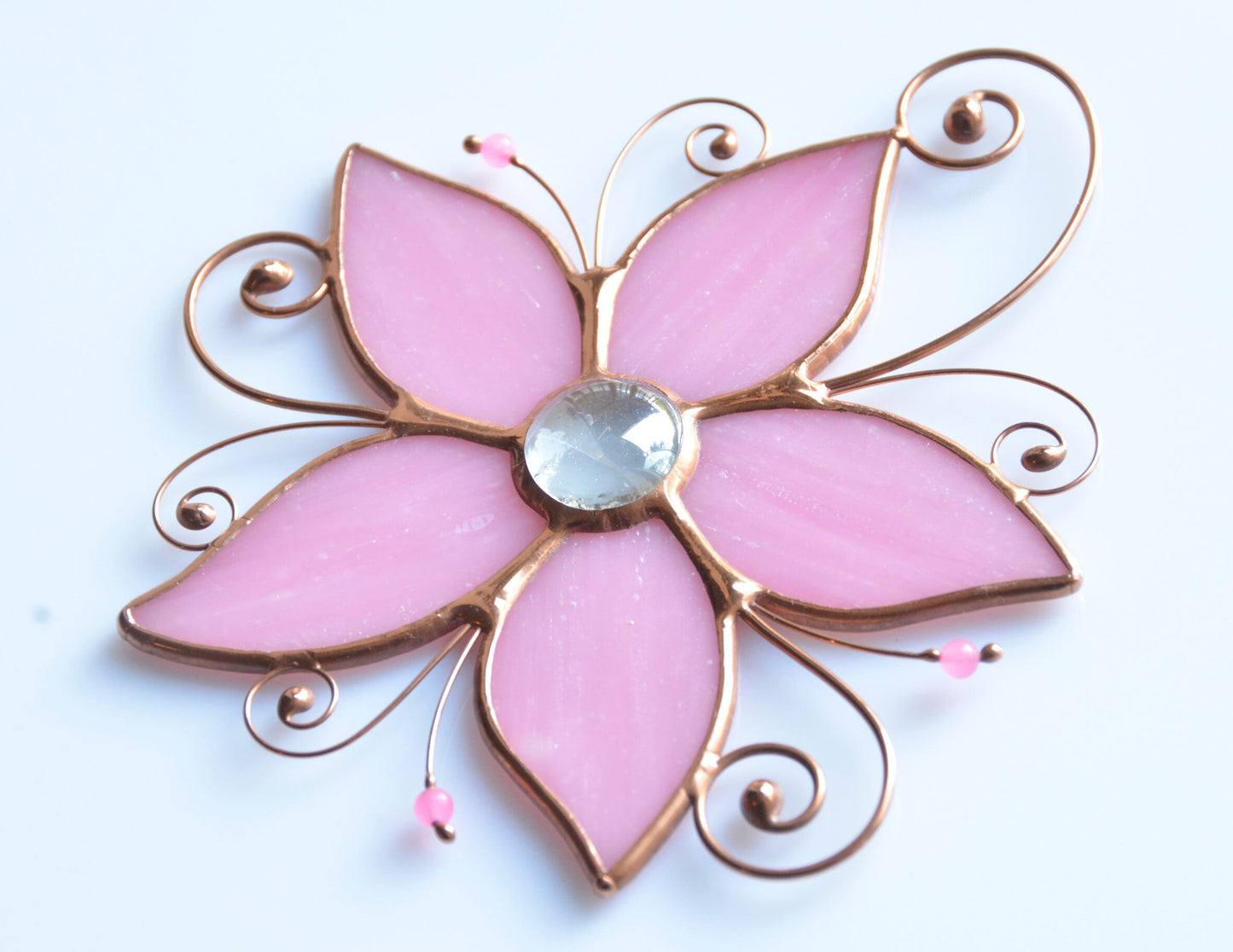 Stained Glass Flower Suncatcher – Pink Window Hanging – Handmade Floral Decor – Summer Gift Idea