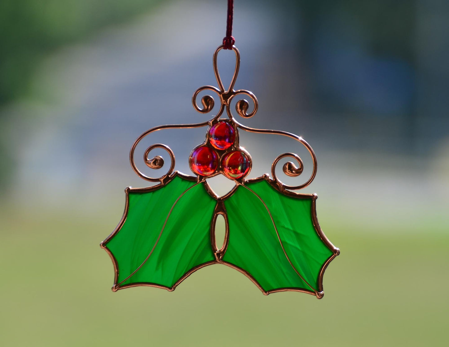 Holly leaves Christmas decor, stained glass ornaments, winter holiday suncatcher, Christmas gift