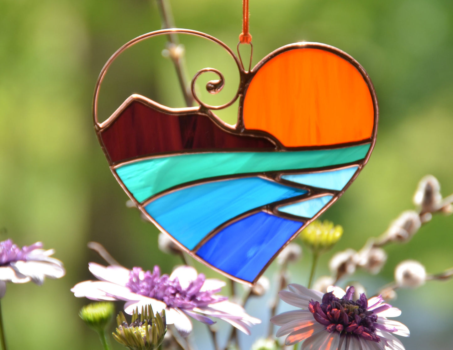 Handmade Stained Glass Heart – Ocean Sunset Window Decor