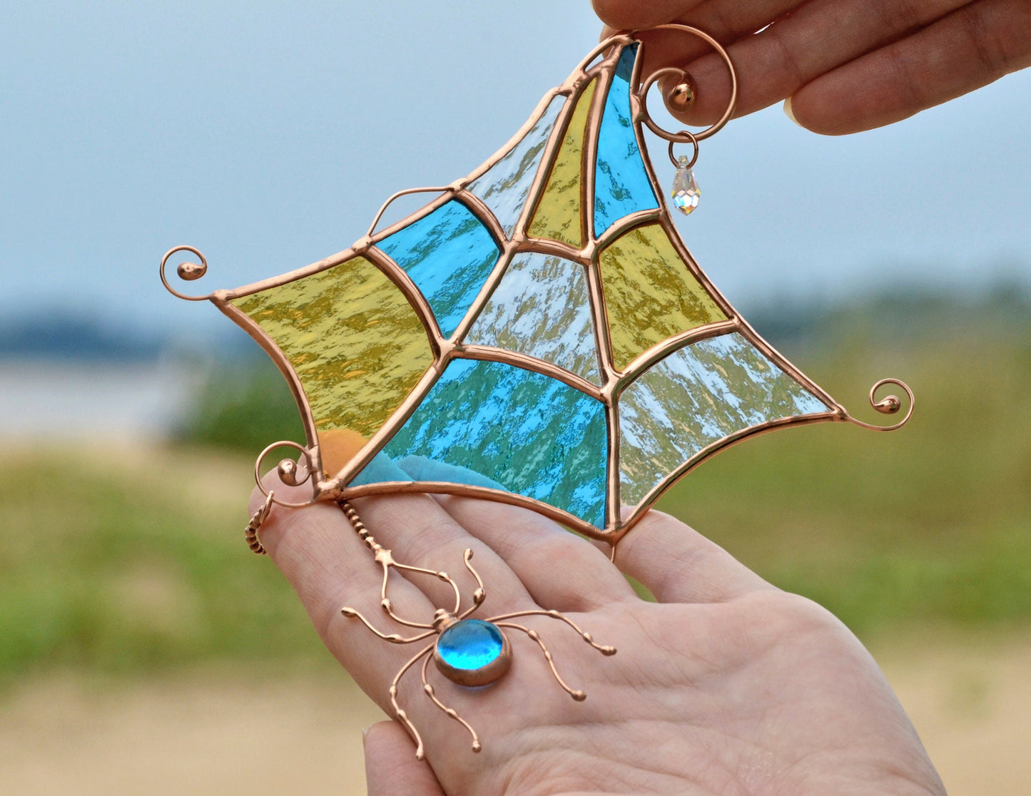 Stained Glass Spider Web Suncatcher – Handmade Window Hanging Fall Decor