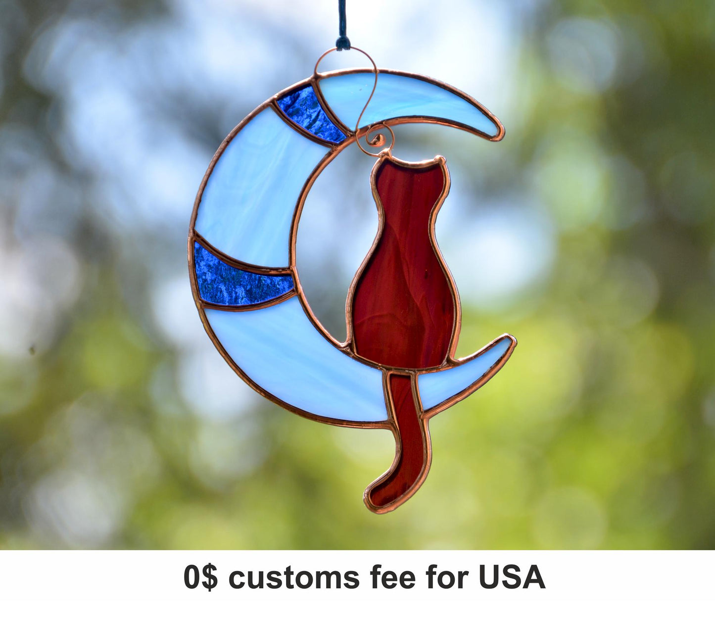 Stained glass cat on moon window hangings suncatcher, pet lost gift, gift for cat lover