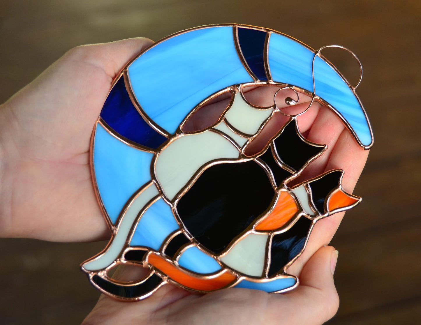 Cats on Moon Stained Glass - Custom Colors - Memorial Pet Lost Gift