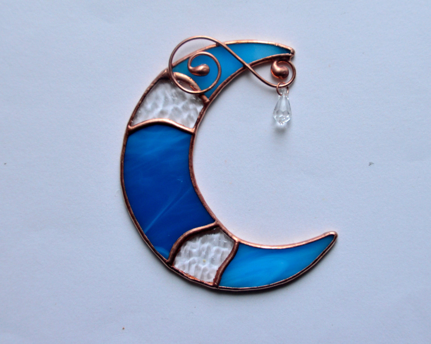 Stained glass blue moon crystal suncatcher, window hangings ornament