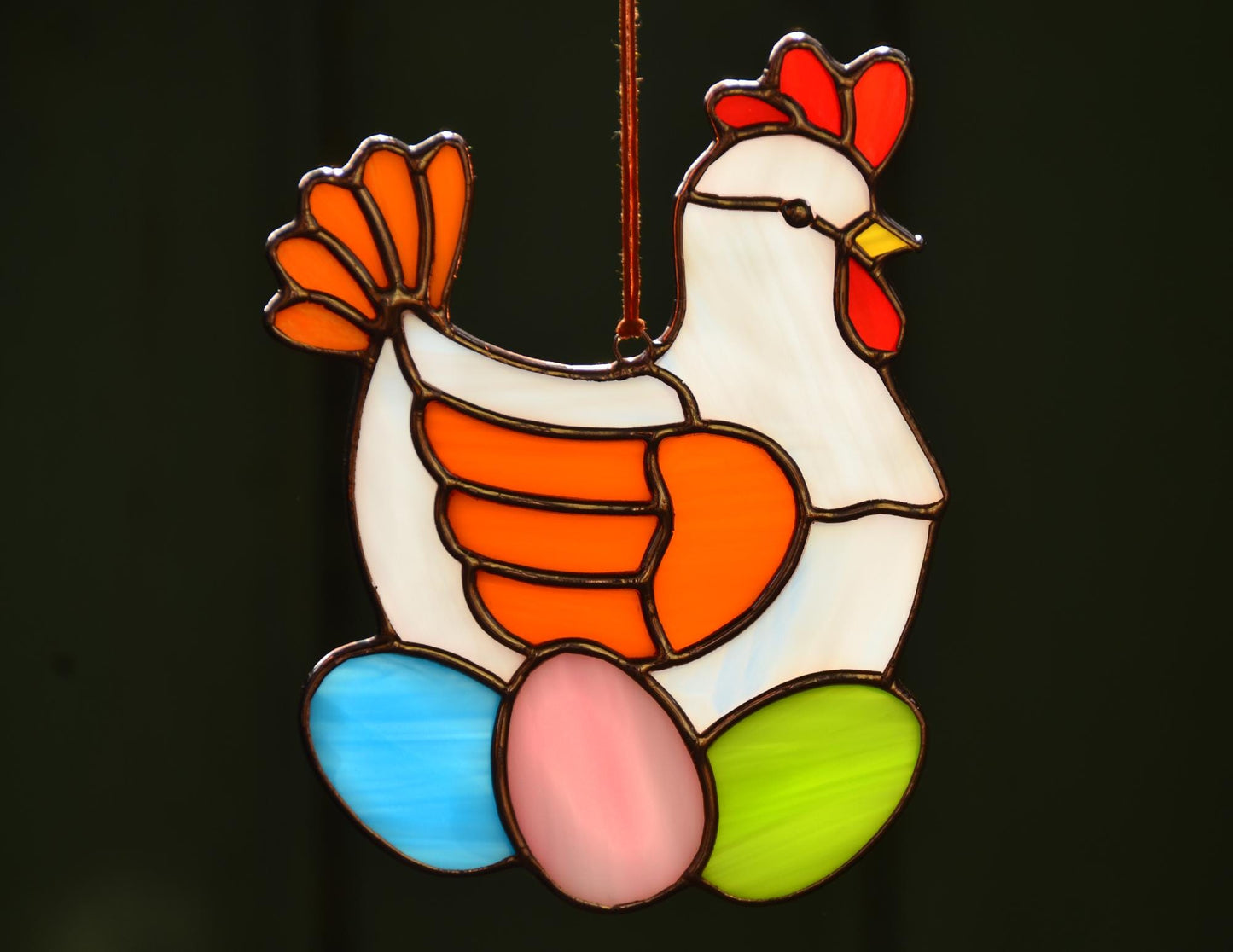 Stained glass chicken with eggs, handmade suncatcher, Easter window hangings