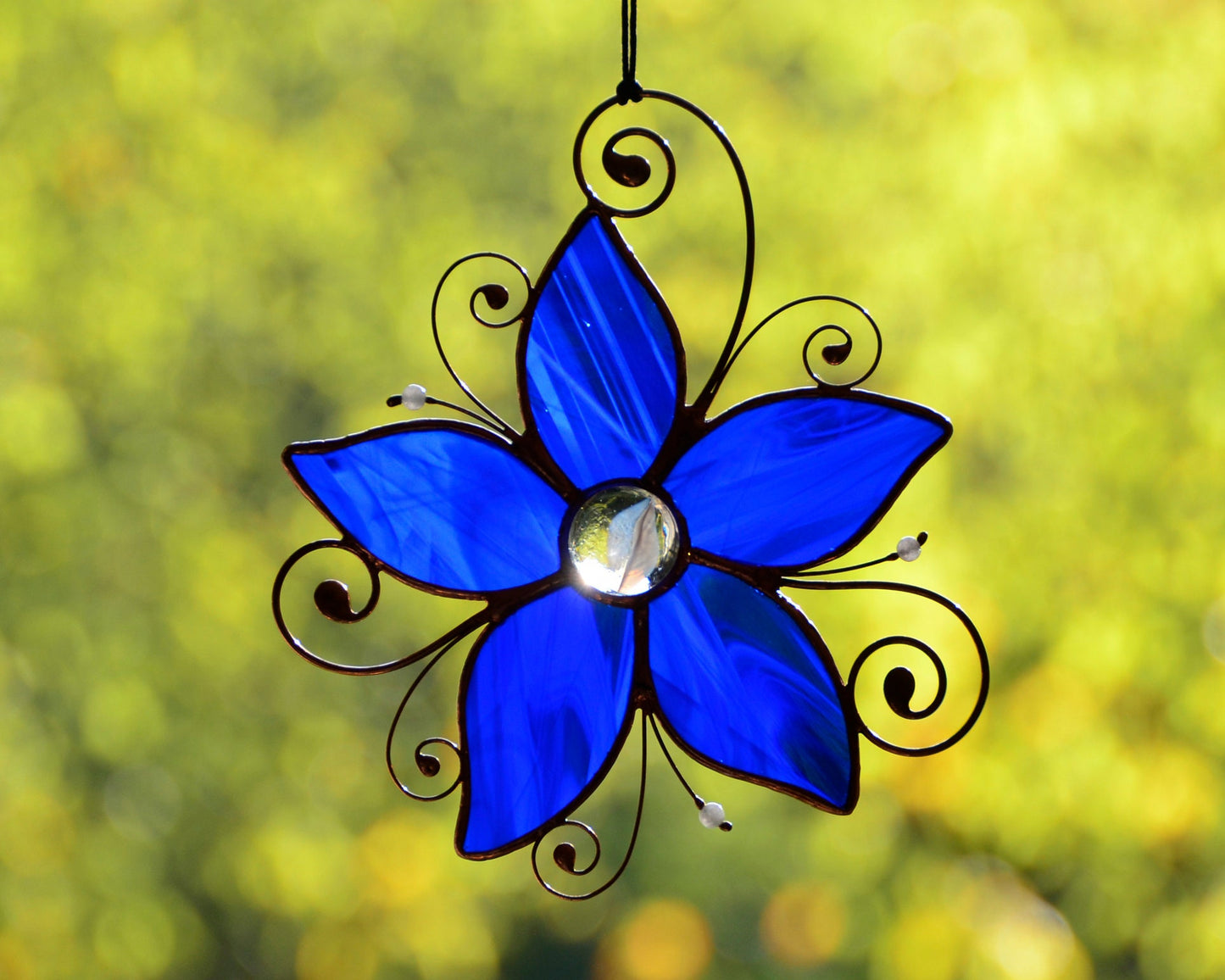 Stained glass window hangings, blue flower sun catcher, glass flower housewarming gift