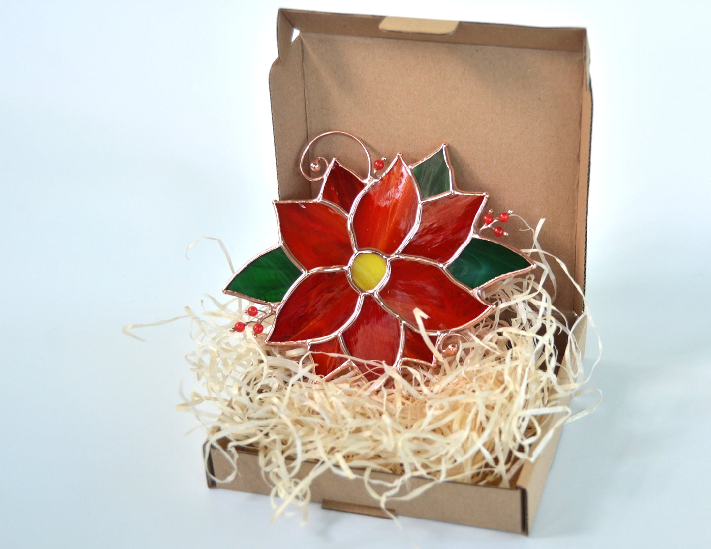 Stained Glass Poinsettia Suncatcher: Winter Flower Window Hanging