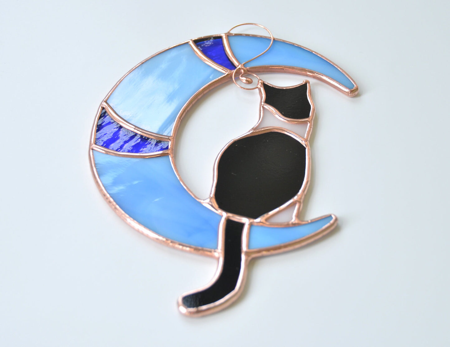 Tuxedo Cat on Moon Stained Glass Window Hanging Suncatcher, Pet Lost Gift