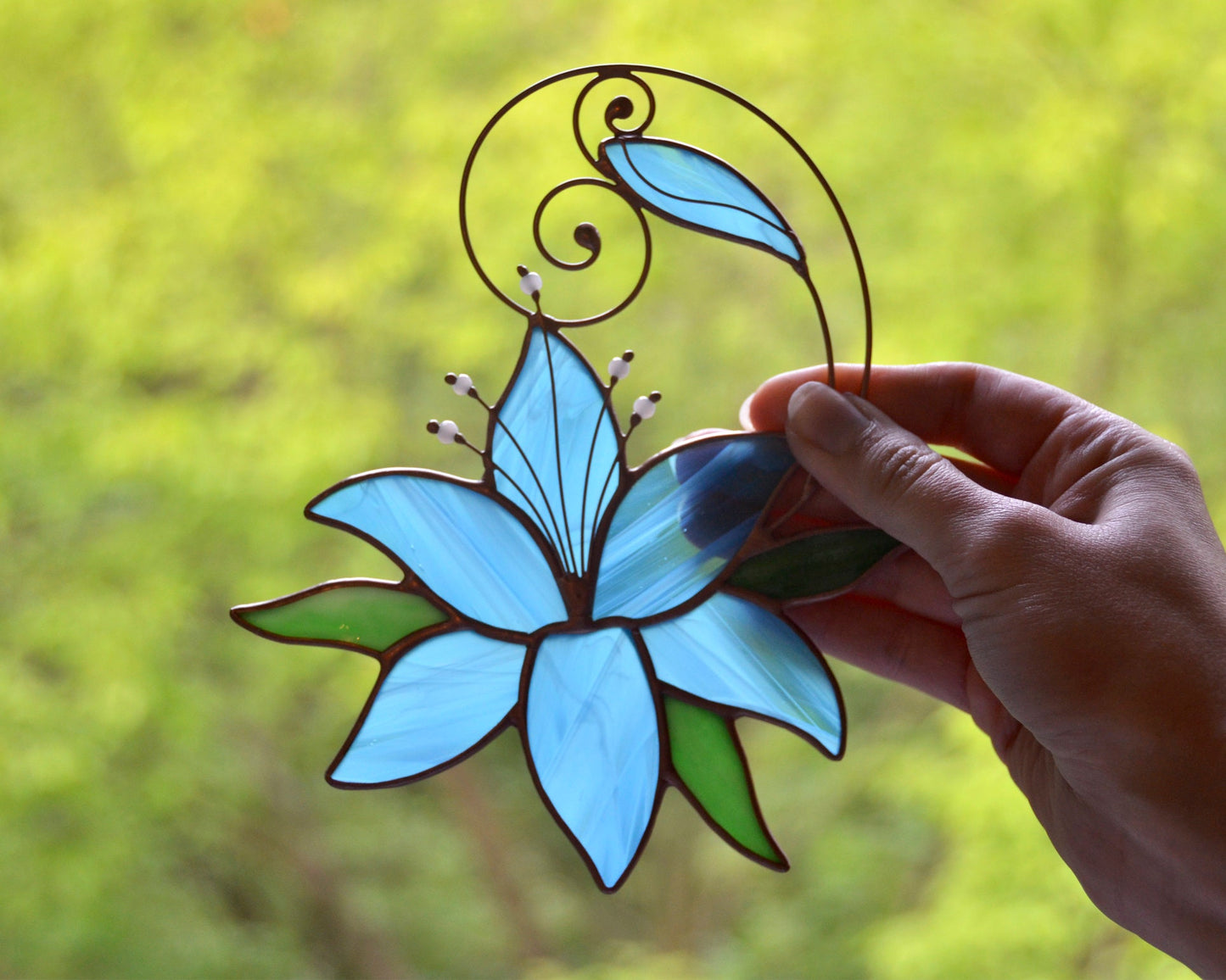 Blue Lily Stained Glass Suncatcher – Handmade Tiffany Flower Window Hanging