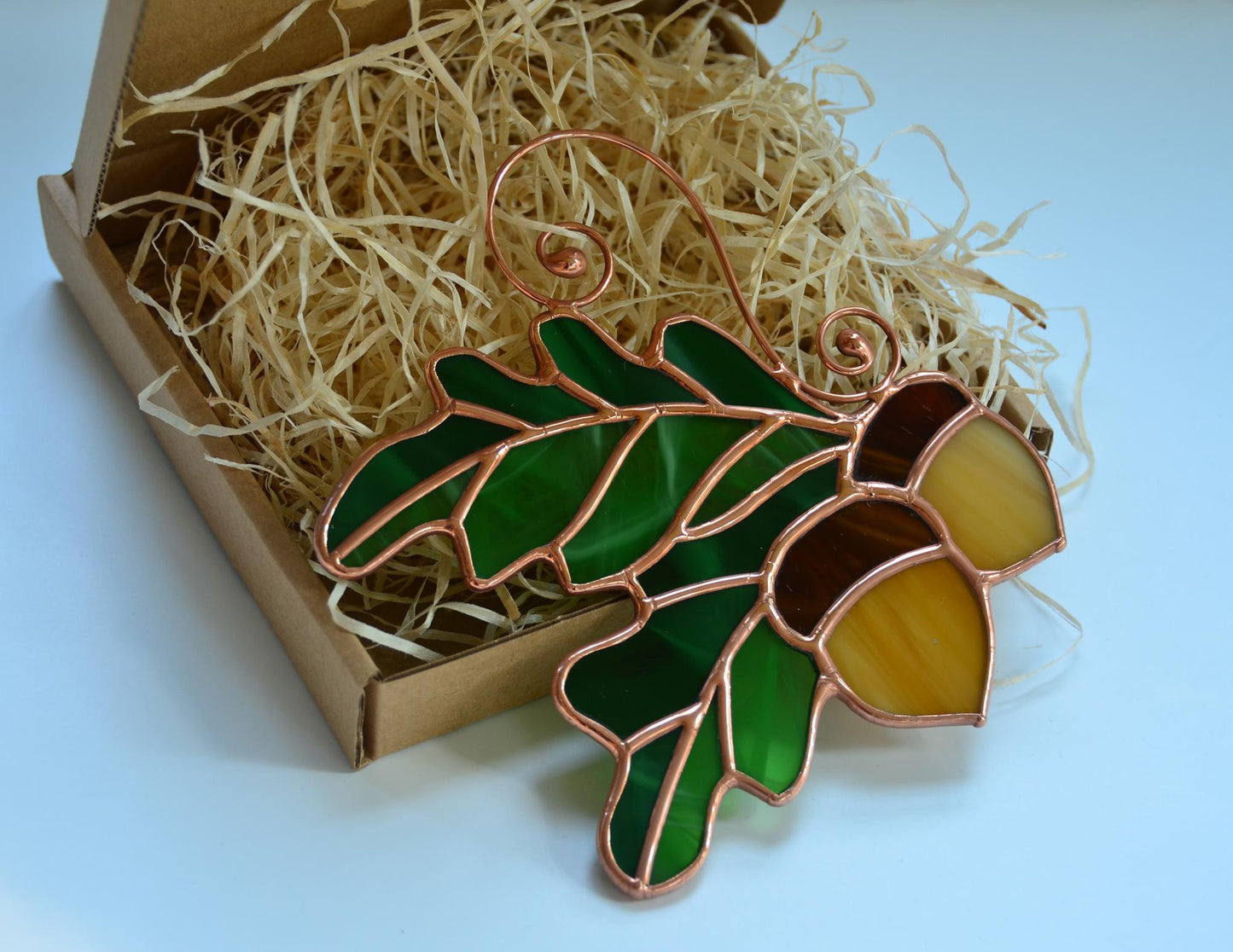 Acorn Stained Glass Suncatcher – Fall Leaves Window Hanging – Autumn Decor – Handmade Glass Ornament
