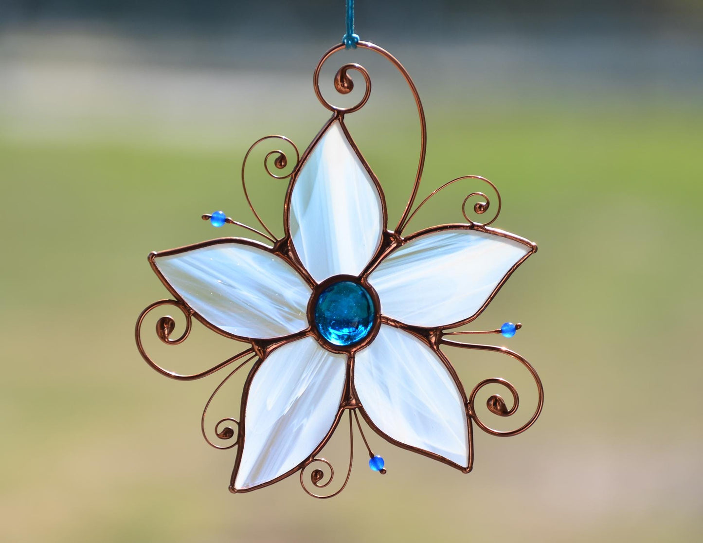 Stained glass window hangings, blue flower sun catcher, glass flower housewarming gift