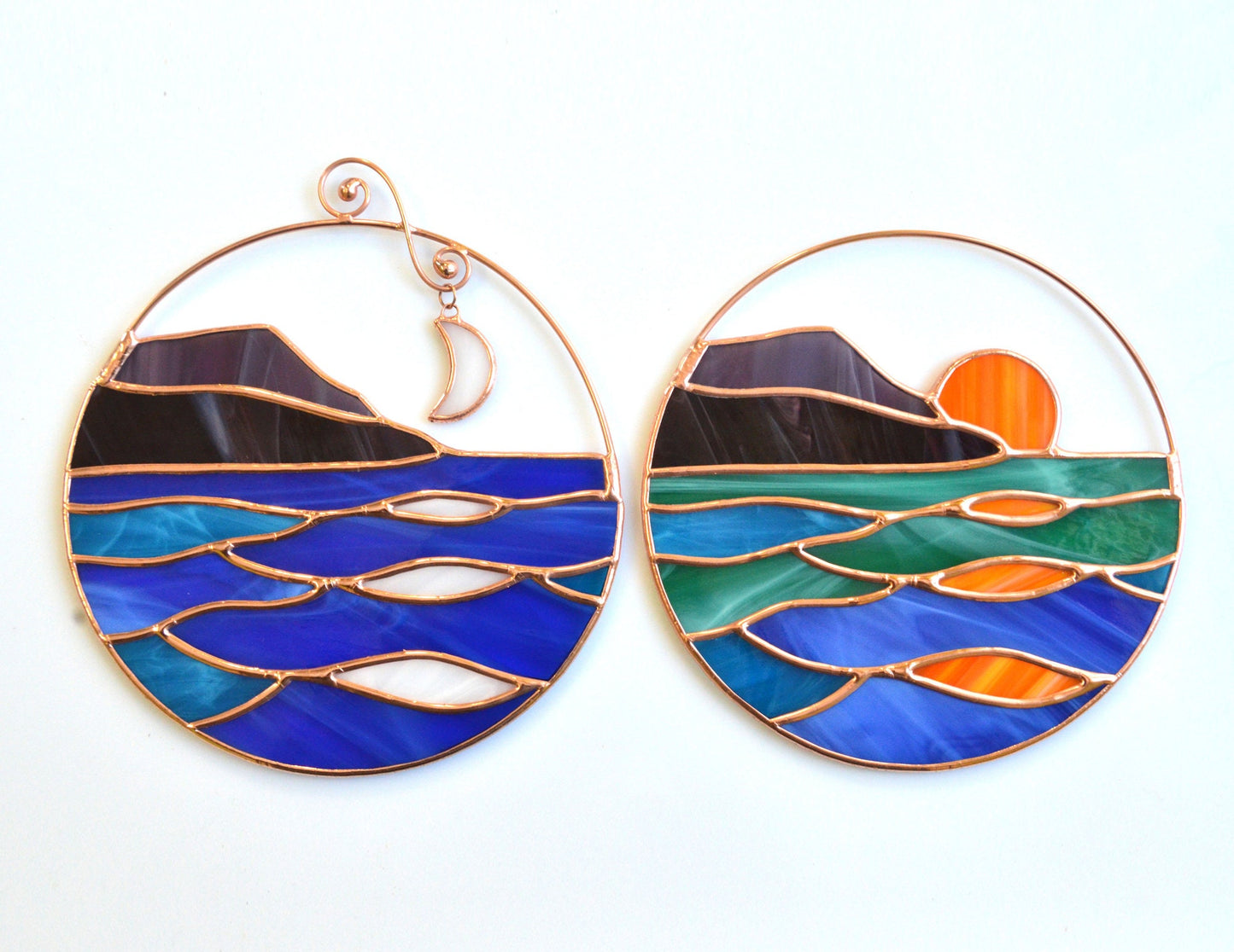 Stained Glass Mountain Suncatcher: Handmade Sea & Moon Window Hanging