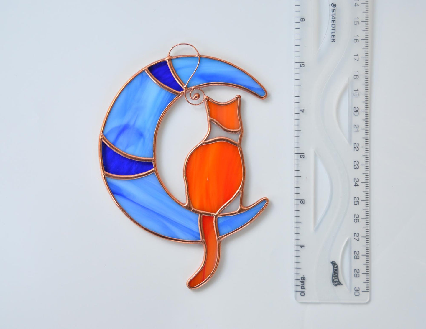 Stained glass cat on moon window hanging, orange cat suncatcher