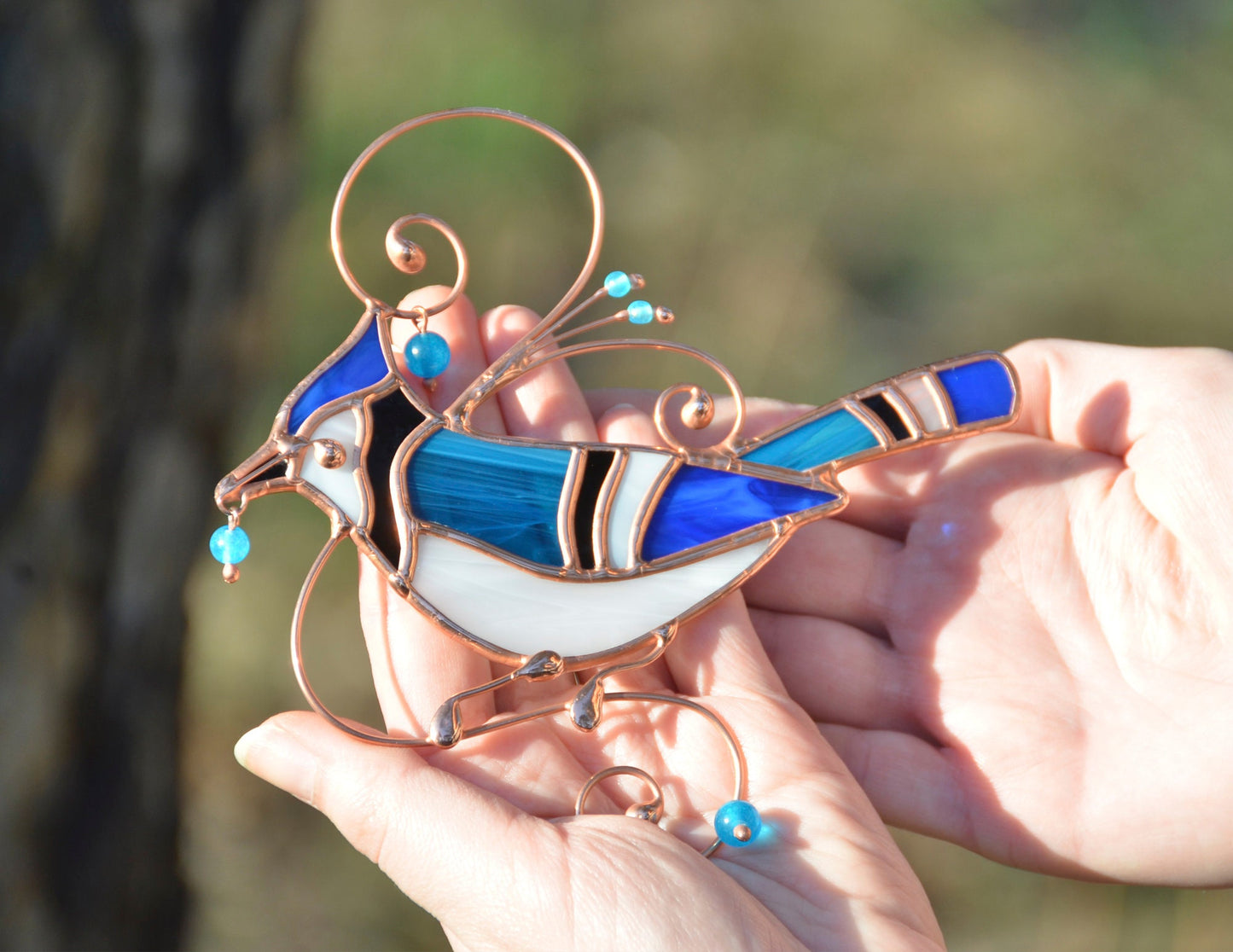 Blue Jay Stained Glass Suncatcher – Window Hanging Decoration for Bird Lovers