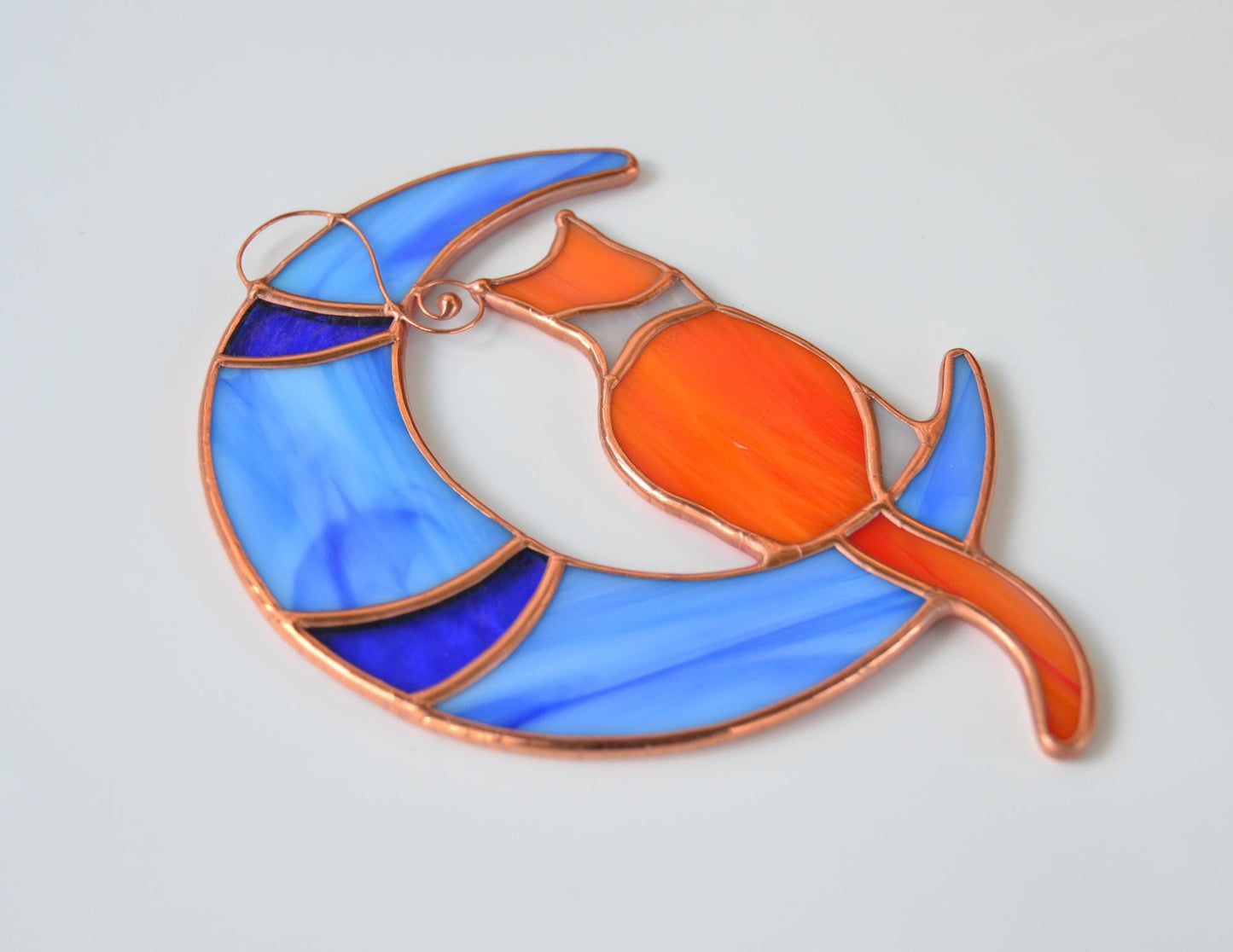 Stained glass cat on moon window hanging, orange cat suncatcher