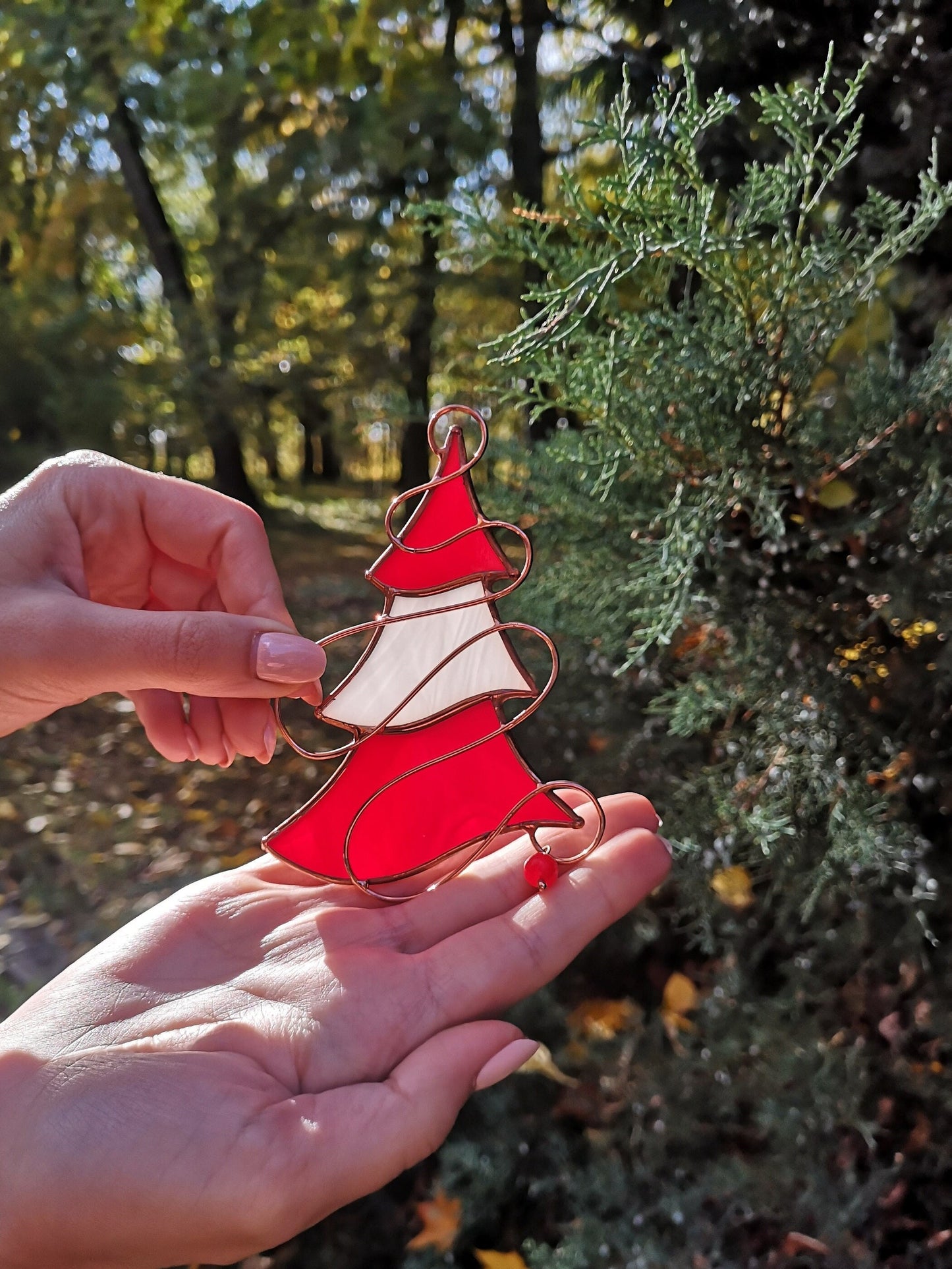 Stain glass Christmas tree ornament, holiday suncatcher, window hangings