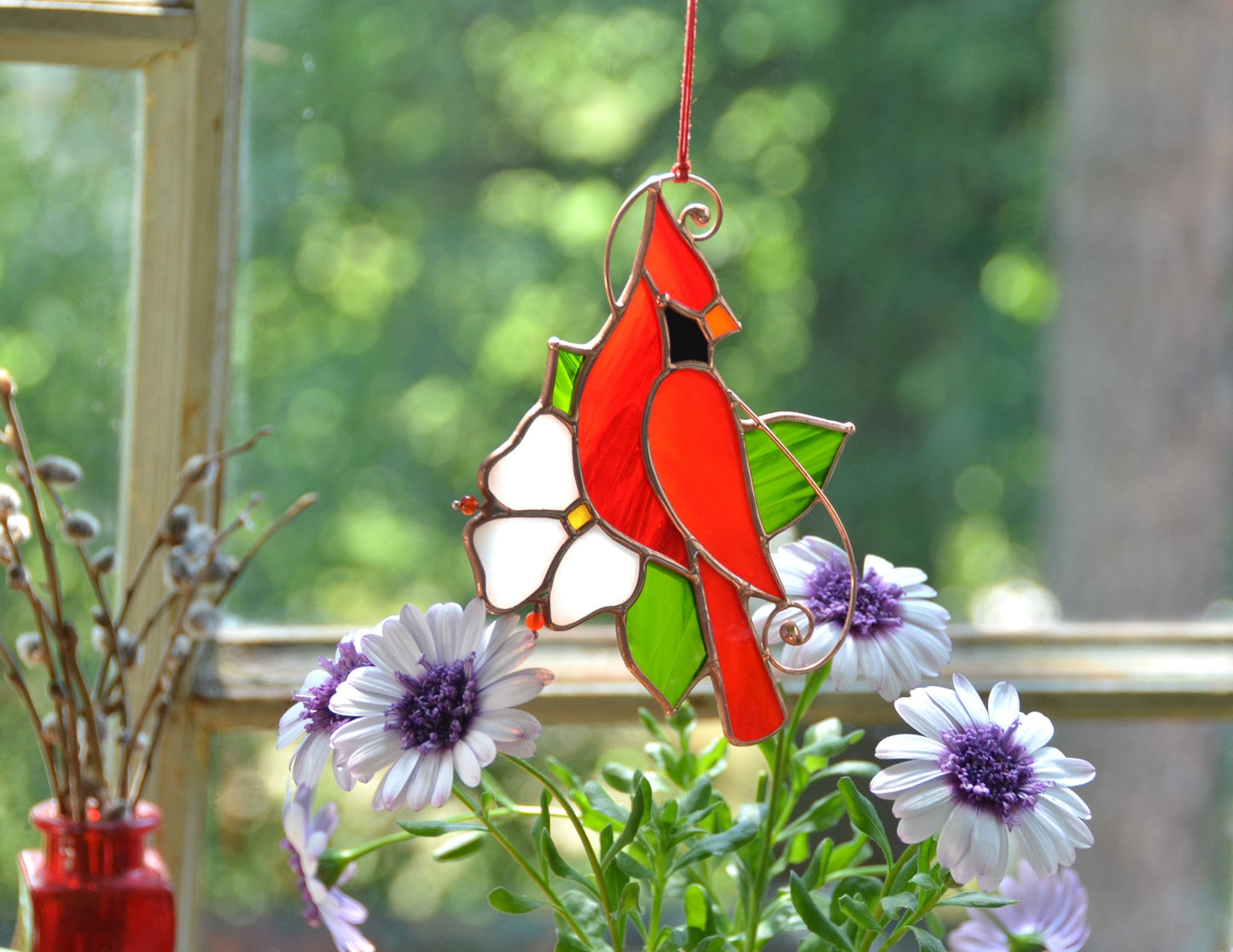 Stained glass cardinal, red cardinal window hangings, stained glass bird suncatchers, memorial gift