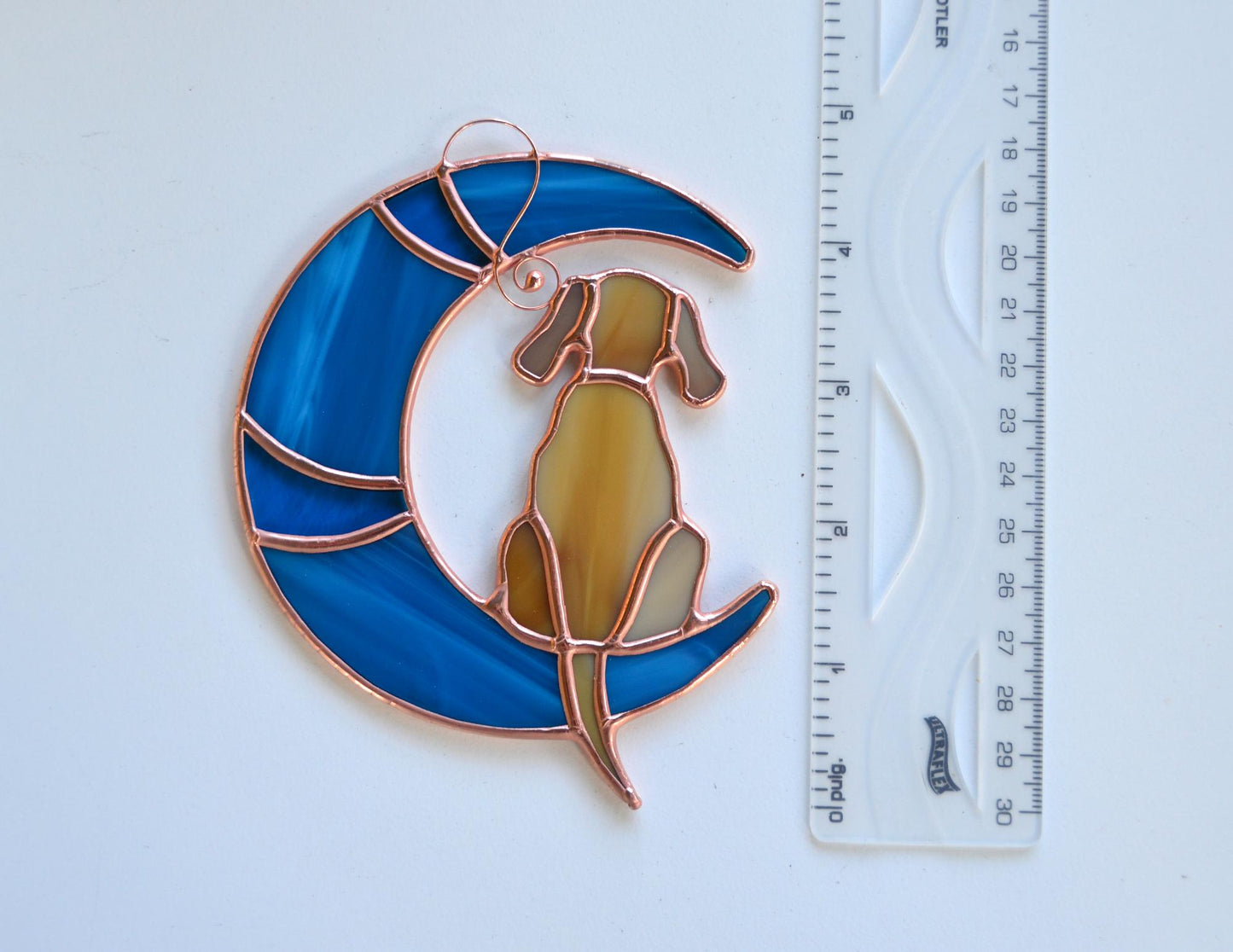 Stained glass dog on moon, dachshund suncatcher, memory gift window hangings
