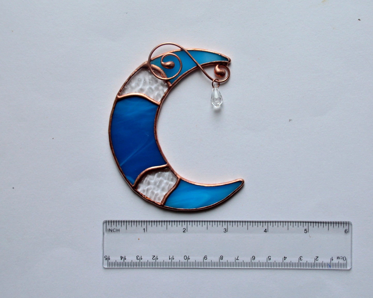 Stained glass blue moon crystal suncatcher, window hangings ornament