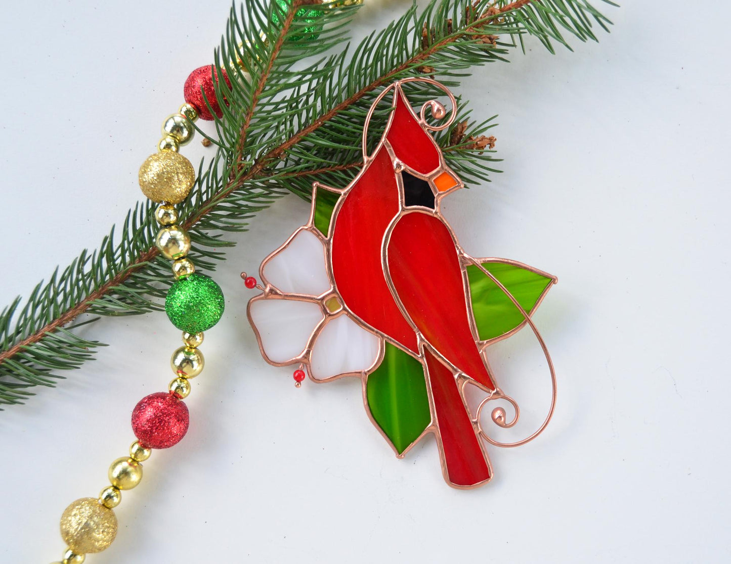 Stained Glass Red Cardinal with Holly Leaves – Handmade Window Hanging Suncatcher