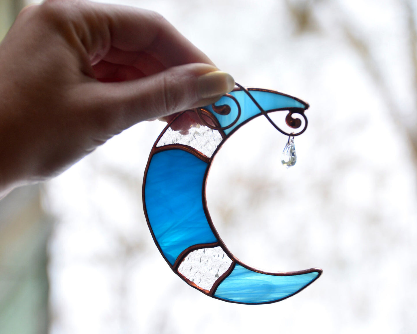 Stained glass blue moon crystal suncatcher, window hangings ornament