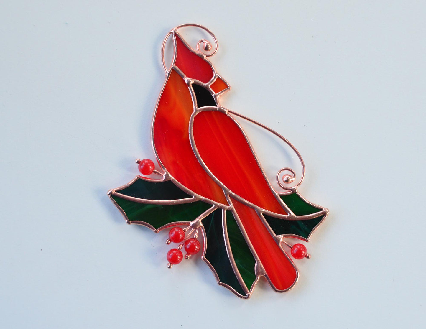 Stained Glass Red Cardinal with Holly Leaves – Handmade Window Hanging Suncatcher