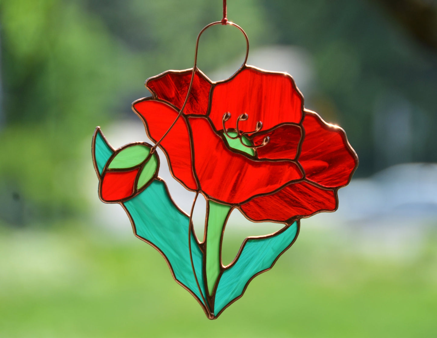 Handmade Stained Glass Poppy Suncatcher– Window Ornament, Unique Flower Gift