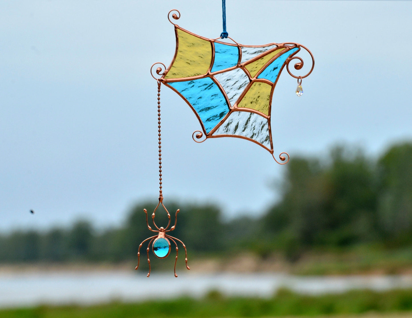 Stained Glass Spider Web Suncatcher – Handmade Window Hanging Fall Decor