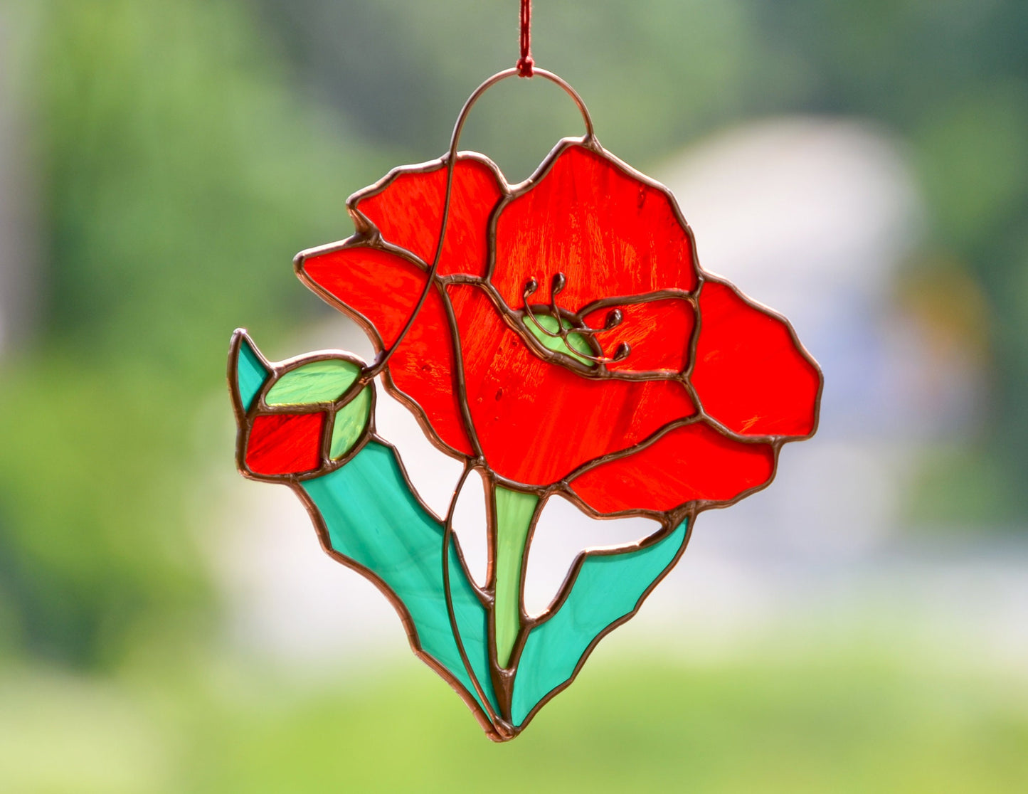 Handmade Stained Glass Poppy Suncatcher– Window Ornament, Unique Flower Gift