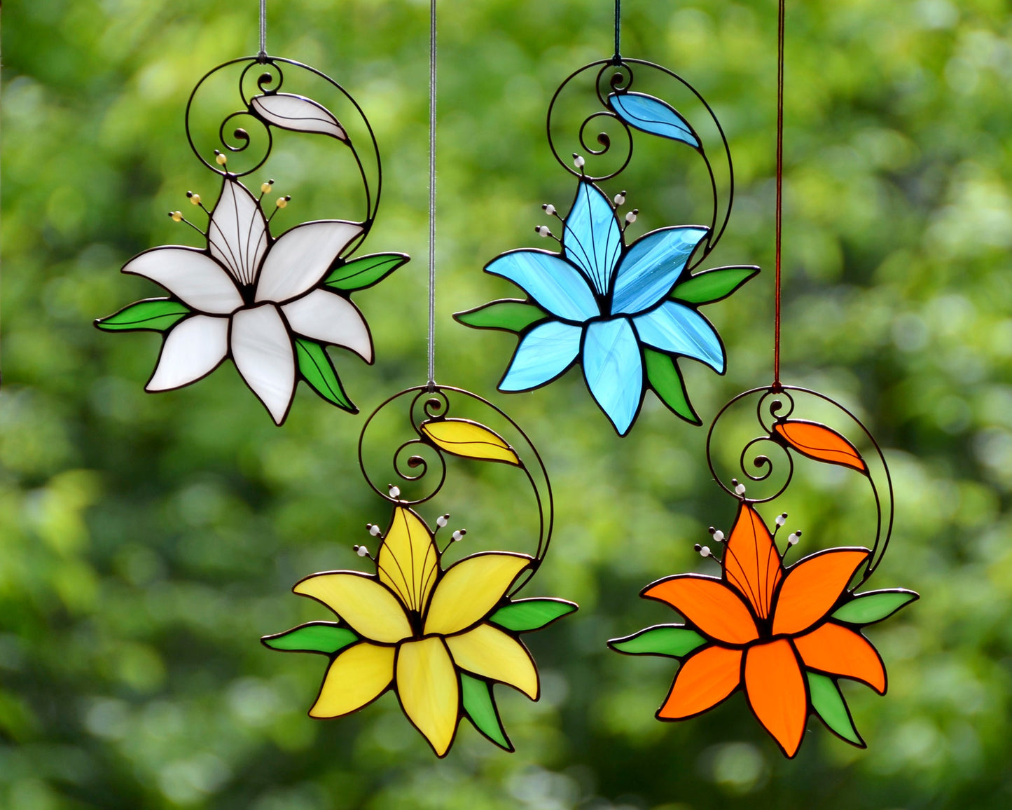 Blue Lily Stained Glass Suncatcher – Handmade Tiffany Flower Window Hanging