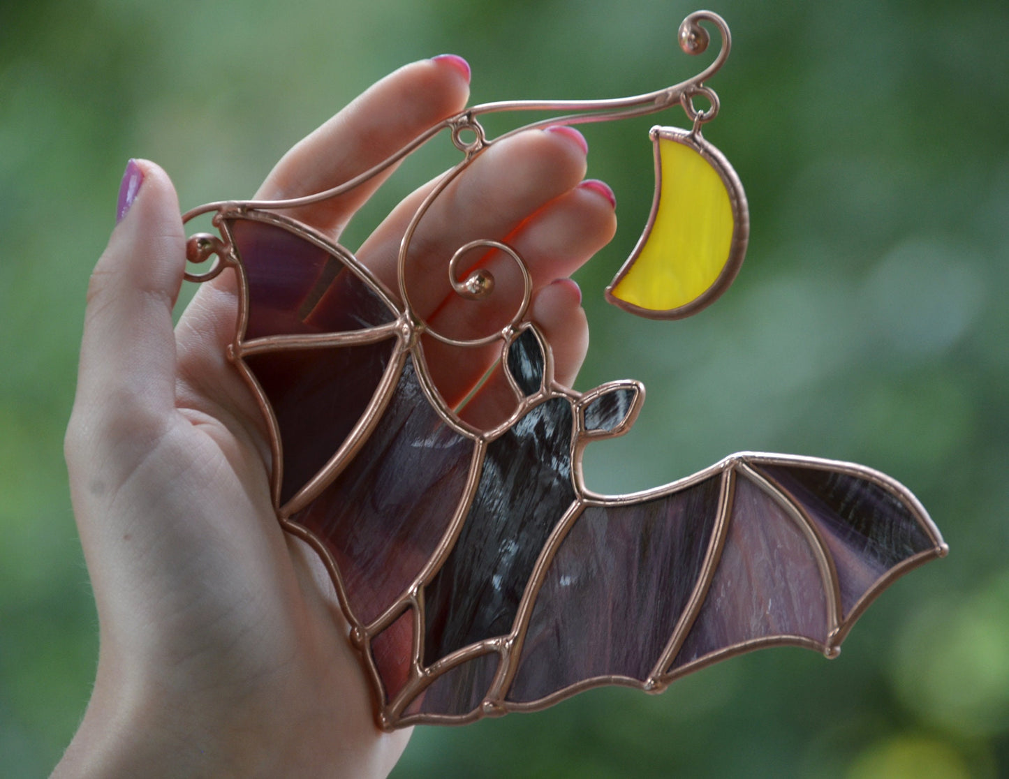 Stained Glass Bat Suncatcher: Halloween Moon Window Hanging