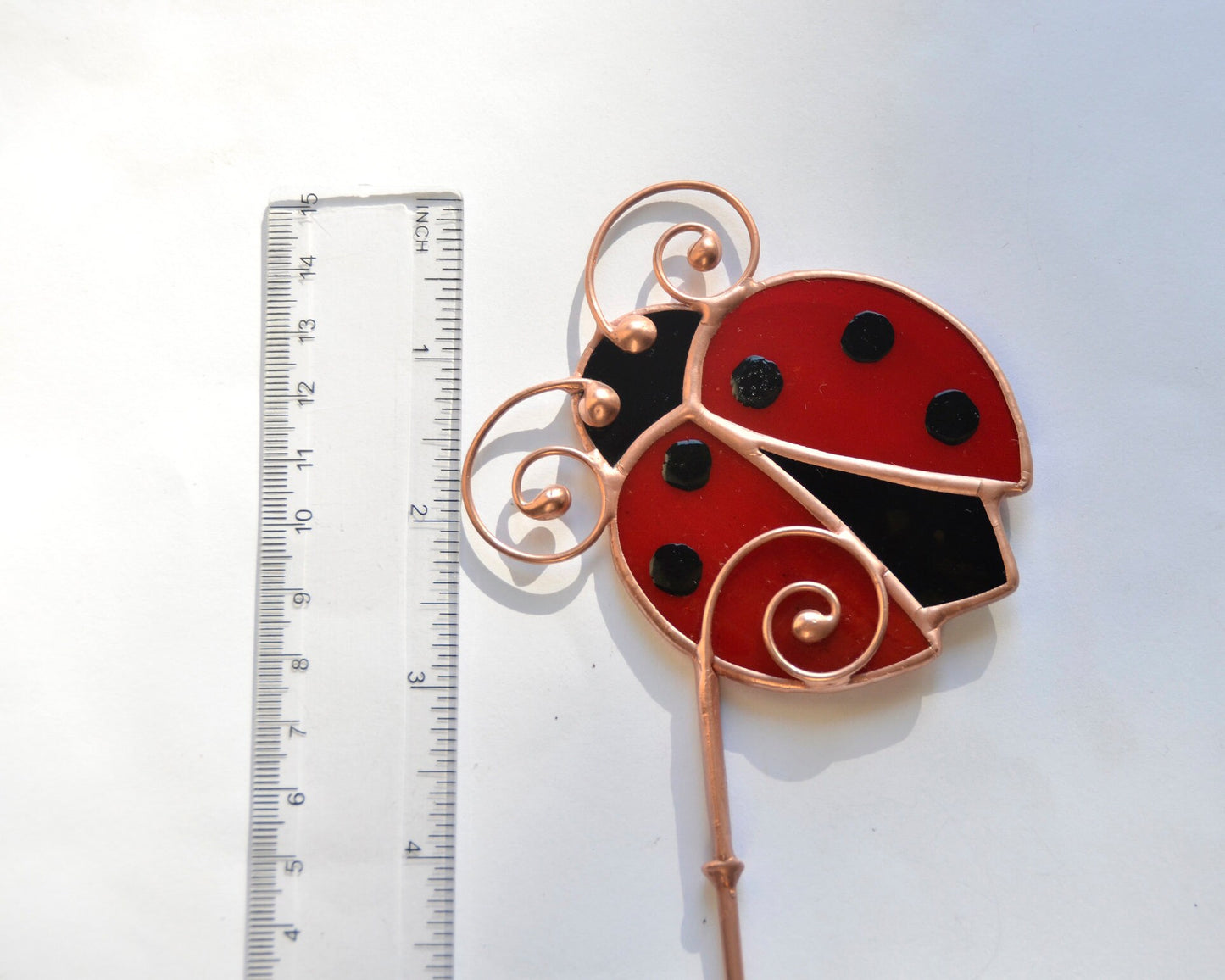 Ladybug stake garden decor, stained glass plant stake, ladybug pot ornament, ladybug suncatcher, pot decoration, Tiffany glass art