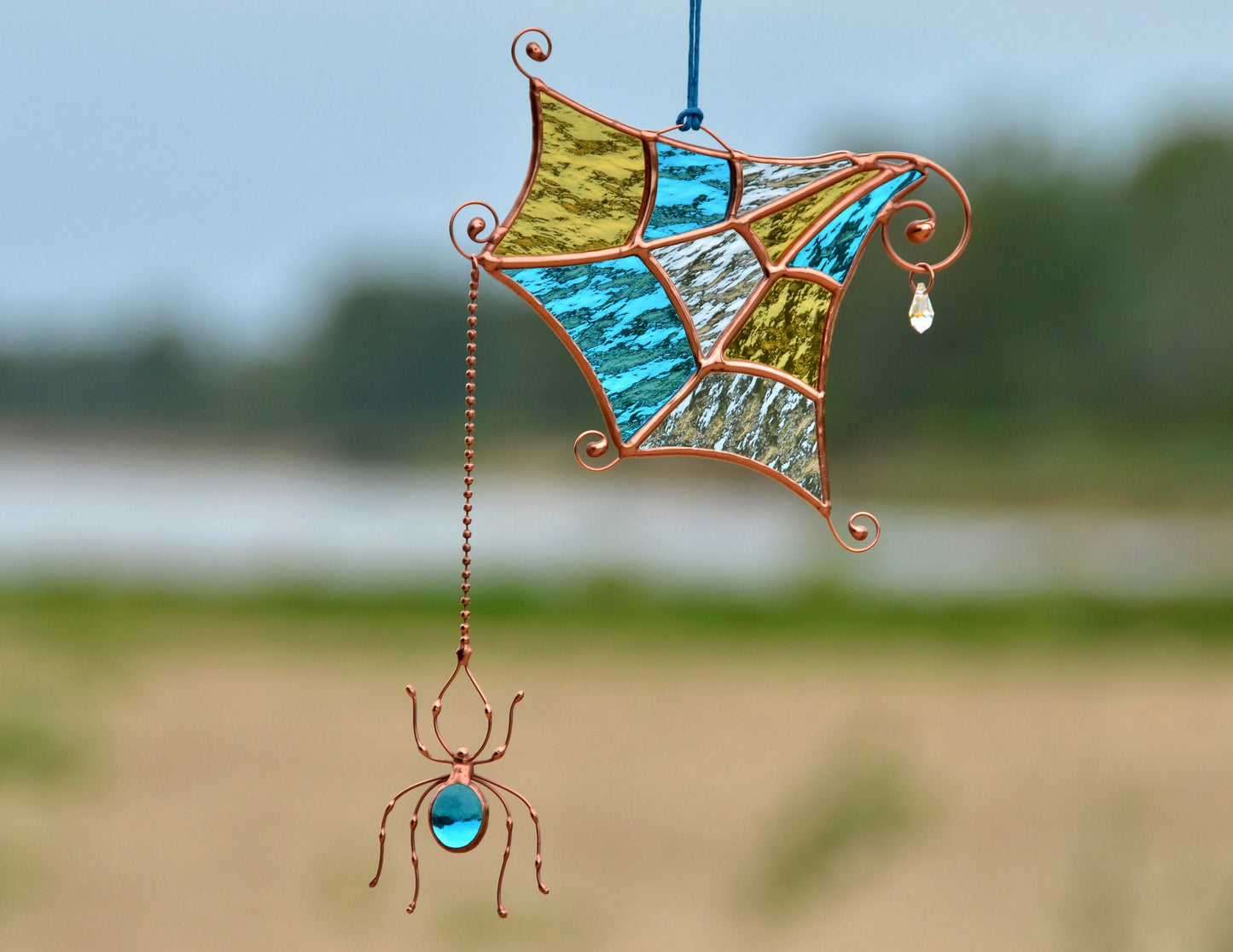 Stained Glass Spider Web Suncatcher – Handmade Window Hanging Fall Decor