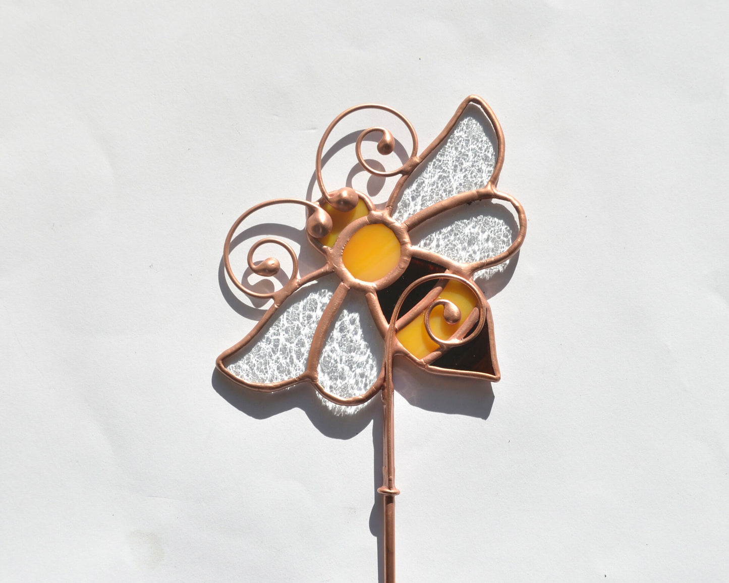Honey bee stained glass stake, stained glass plant stake, bee pot ornament
