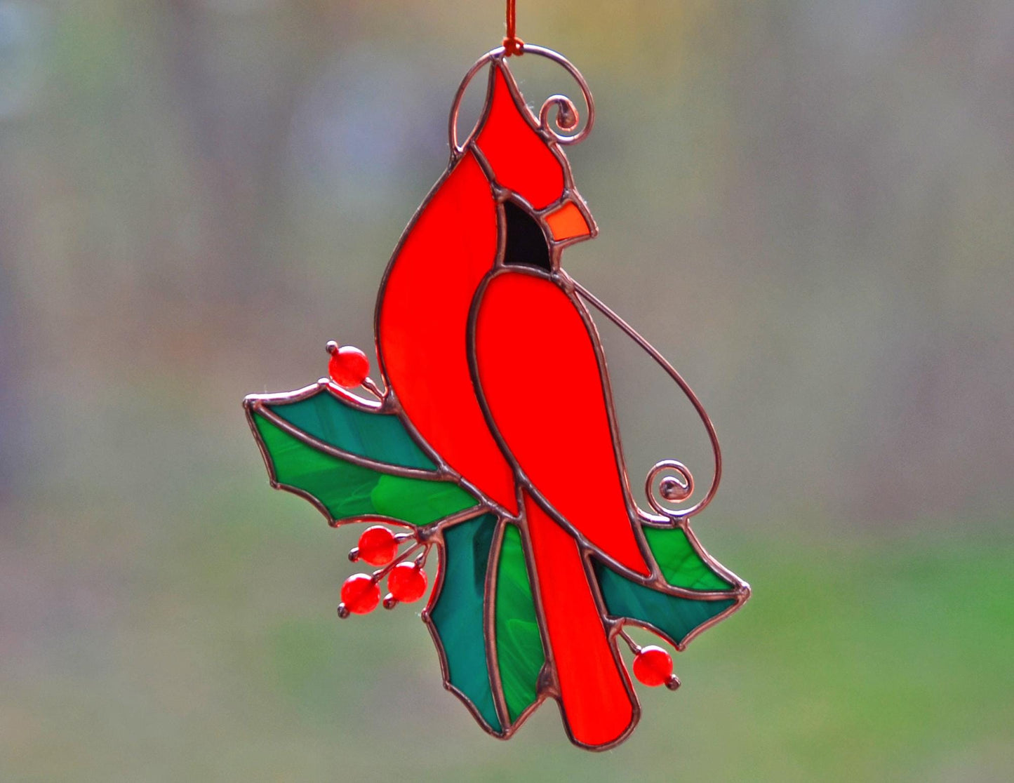 Stained Glass Red Cardinal with Holly Leaves – Handmade Window Hanging Suncatcher