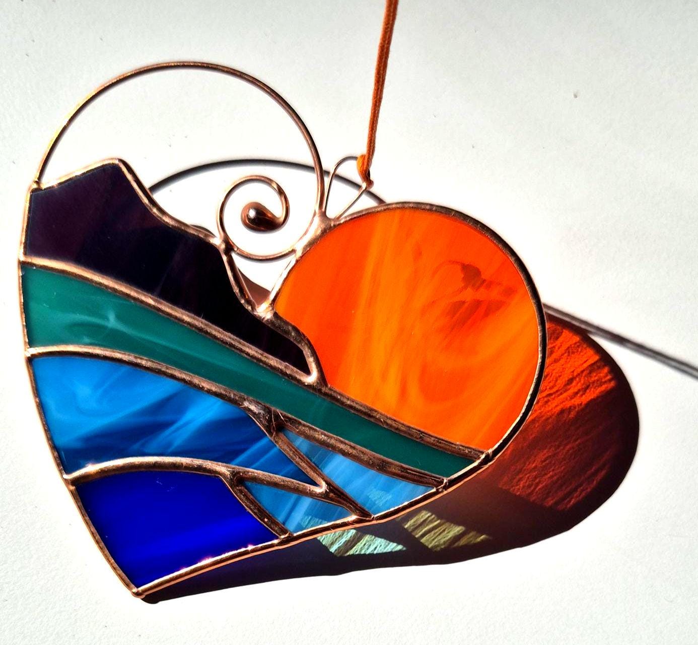 Ocean Sunset Heart Suncatcher – Handmade Stained Glass