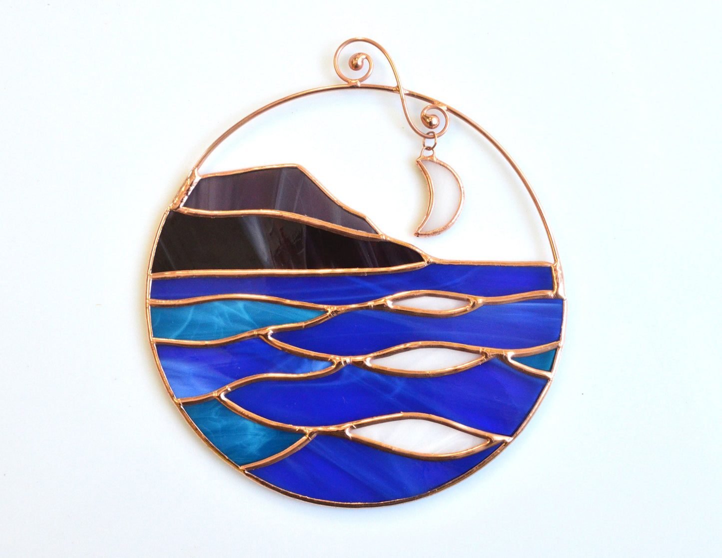 Stained Glass Mountain Suncatcher: Handmade Sea & Moon Window Hanging