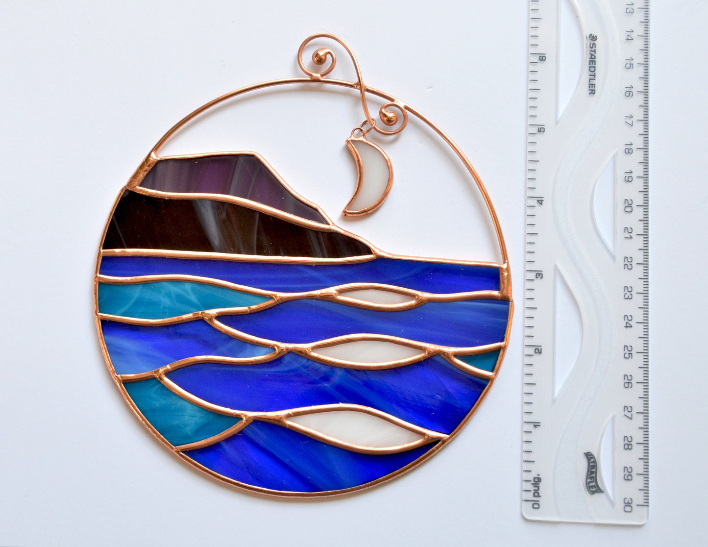 Stained Glass Mountain Suncatcher: Handmade Sea & Moon Window Hanging