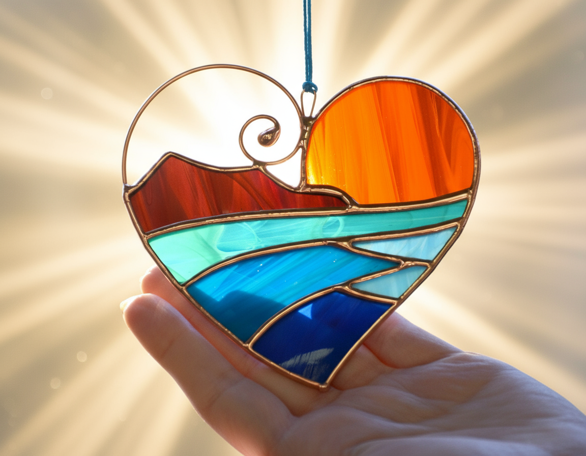 Handmade stained glass heart suncatcher with ocean sunset design