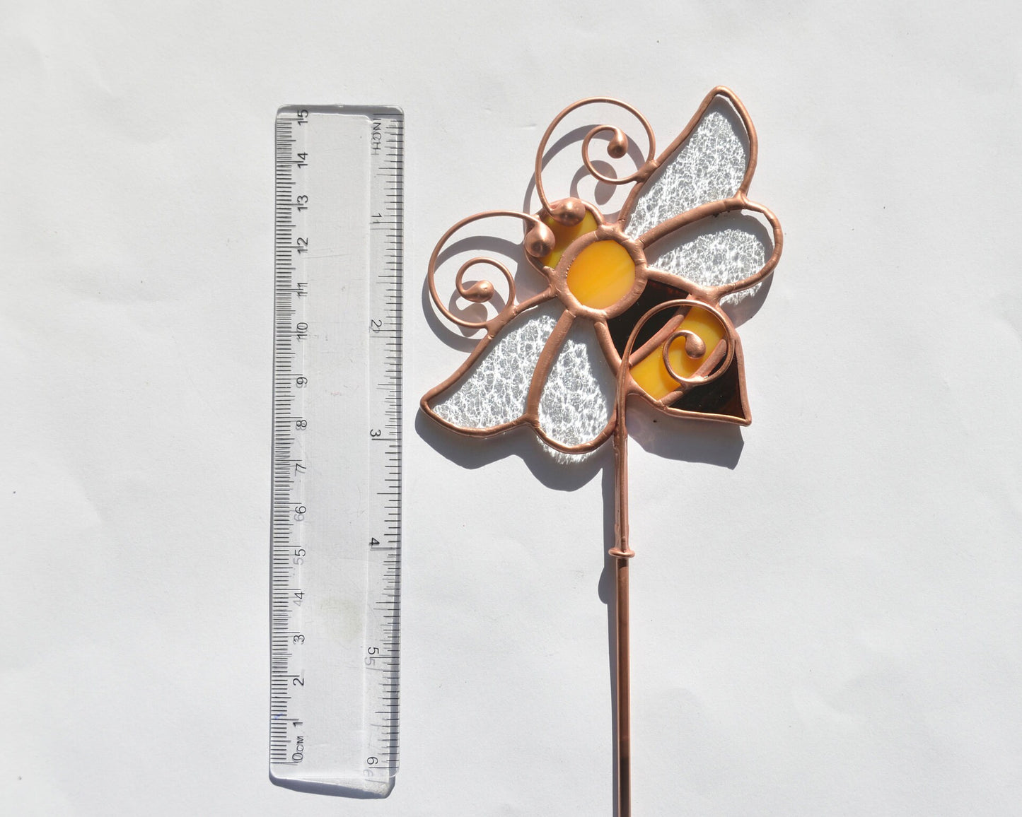 Honey bee stained glass stake, stained glass plant stake, bee pot ornament