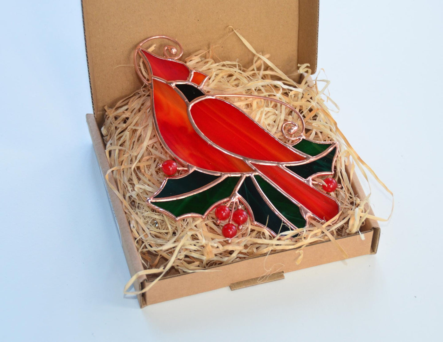 Stained Glass Red Cardinal with Holly Leaves – Handmade Window Hanging Suncatcher