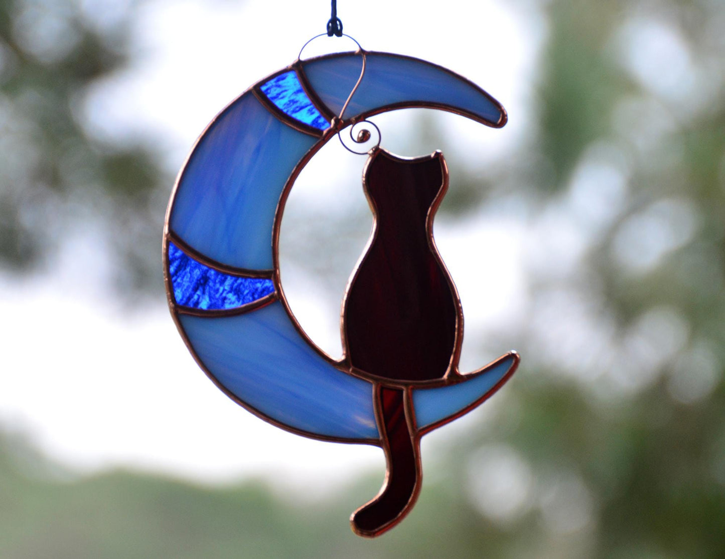 Stained glass cat on moon window hangings suncatcher, pet lost gift, gift for cat lover