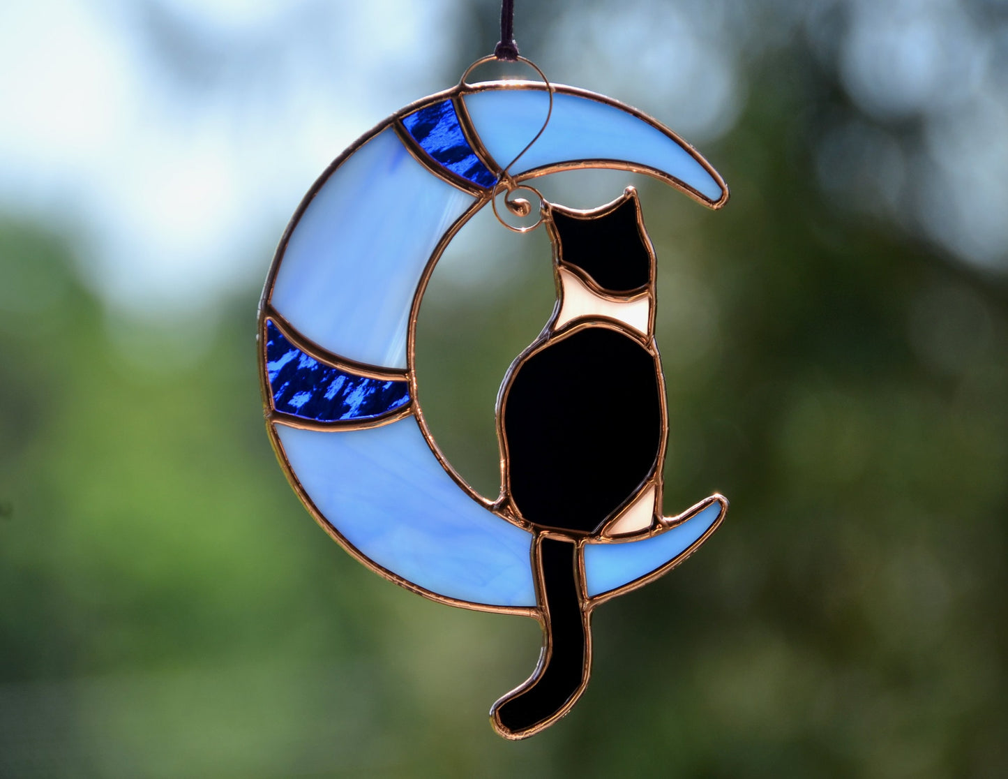 Tuxedo Cat on Moon Stained Glass Window Hanging Suncatcher, Pet Lost Gift